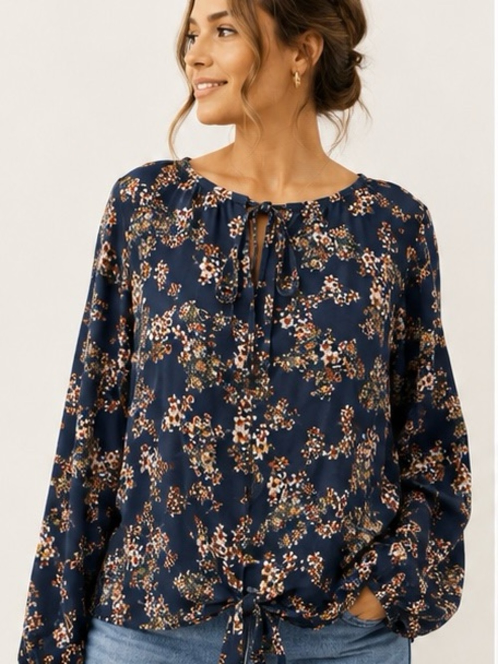 West Kei Floral Tie-Hem Blouse - Navy